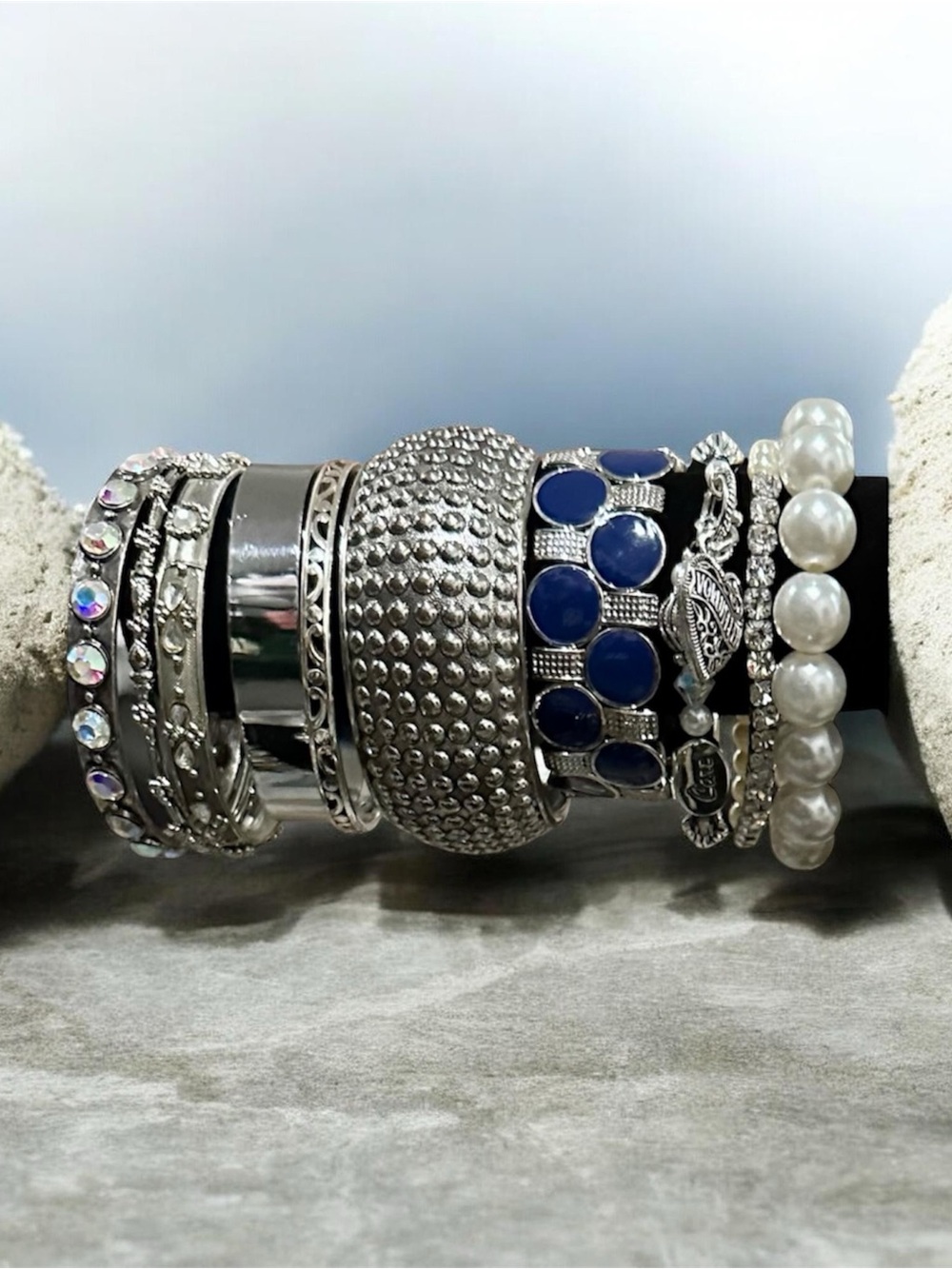 Signature Faith Custom Silver Navy Blue Bracelet Stack Pearl Rhinestone Boho 10p